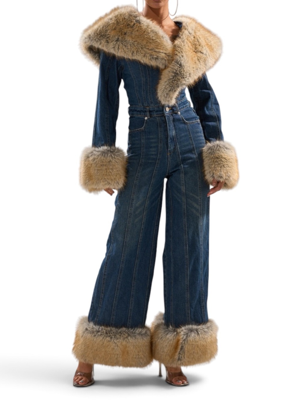 🔥AKIRA LENNOX DENIM JUMPSUIT WITH FUR ACCENTS